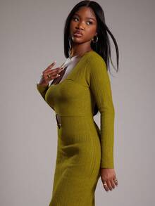 NYA SZN Đầm dài tay ôm sát bodycon dệt kim co giãn dệt kim mini xẻ tà cắt rời dệt kim gân dịp đặc biệt đám cưới khách hẹn hò ăn trưa quý tộc khiêm tốn thu đông thích hợp đi làm trang phục cho phụ nữ - màu xanh lá - Xem 6