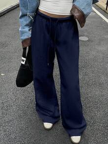 SHEIN EZwear Quần nỉ dài buộc dây phía trước màu xanh navy dành cho nữ, thích hợp mặc hàng ngày và mùa tựu trường, Thu/Đông - Màu xanh hải quân - Xem 4