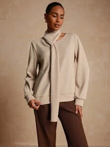 Lyxana Women's Casual Ribbed Cowl Neck Solid Color Minimalist Long Sleeve Sweatshirt - Brown - View 3