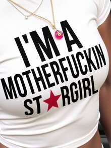 Rovax 女式口号印花性感 Y2K 短款修身短袖 T 恤 - 白色 - 查看 4