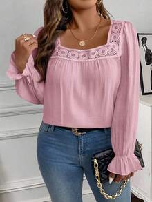 EMERY ROSE Plus Size Women's Casual Solid Color Square Collar Long Sleeve Shirt - Pink - View 3