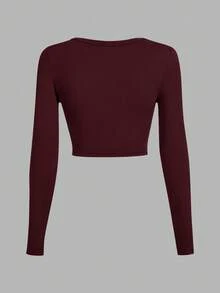 SHEIN EZwear 3件套黑色、灰色、酒红色休闲U领修身短款长袖T恤，适合秋冬季 - 彩色 - 查看 5