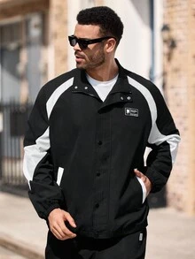 EASEVO 男士时尚拼布夹克，秋冬 - 黑色 - 查看 6