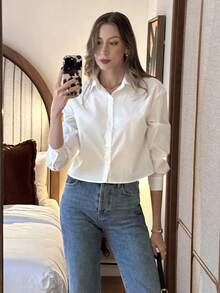 Pariaura 女士衬衫，女式上衣，长袖，秋冬装，基础衬衫，休闲办公装，前开襟，毕业，短款衬衫 - 白色 - 查看 4