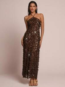 Glamine Damska sukienka w kolorze kawy z haftowanymi frędzlami i odkrytymi plecami, Sukienka damska w kolorze kawy, Elegancka sukienka na imprezę, Modna sukienka na wakacje z koralikami - Kawa - Zobacz 6