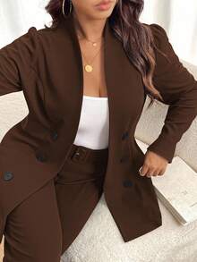 SHEIN Clasi Plus Size Casual Commuter Solid Color Jacket And Pants Suit - Coffee Brown - View 6