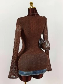 Amplova 90s Bell Sleeve Tie Front Textured Sheer Top - Chocolate Brown - View 9
