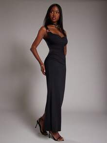 NYA SZN Dress V Neck Fitted Bodycon Asymmetrical Sleeve Metal Detail Special Occasion Wedding Birthday Prom Elegant Date Brunch Y2K Sexy Cute Maxi Length Fall Summer Fall Suitable For Commuting Statement Festival Kings Day Outfits For Women - Black - View 7