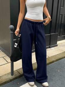 SHEIN EZwear Quần nỉ dài buộc dây phía trước màu xanh navy dành cho nữ, thích hợp mặc hàng ngày và mùa tựu trường, Thu/Đông - Màu xanh hải quân - Xem 3