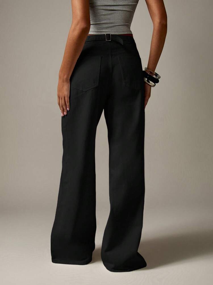 MISSGUIDED Wide Leg Cinch Back Pants Cotton Casual Fall Spring High Rise Flattering Loose Fit Street Style Office Wear Denim Flare Jeans Bell Bottom Retro Fashion Y2K