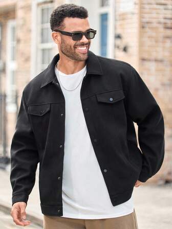 EASEVO Plus Size Men's Casual Loose Fit Wool Blend Coat, Black, For Fall Winter