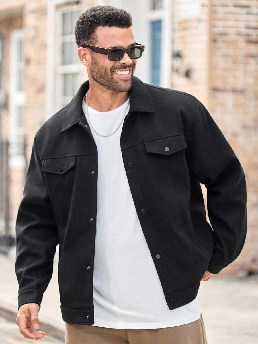 EASEVO Plus Size Men's Casual Loose Fit Overcoat, Black, For Fall Winter - Black - View 1