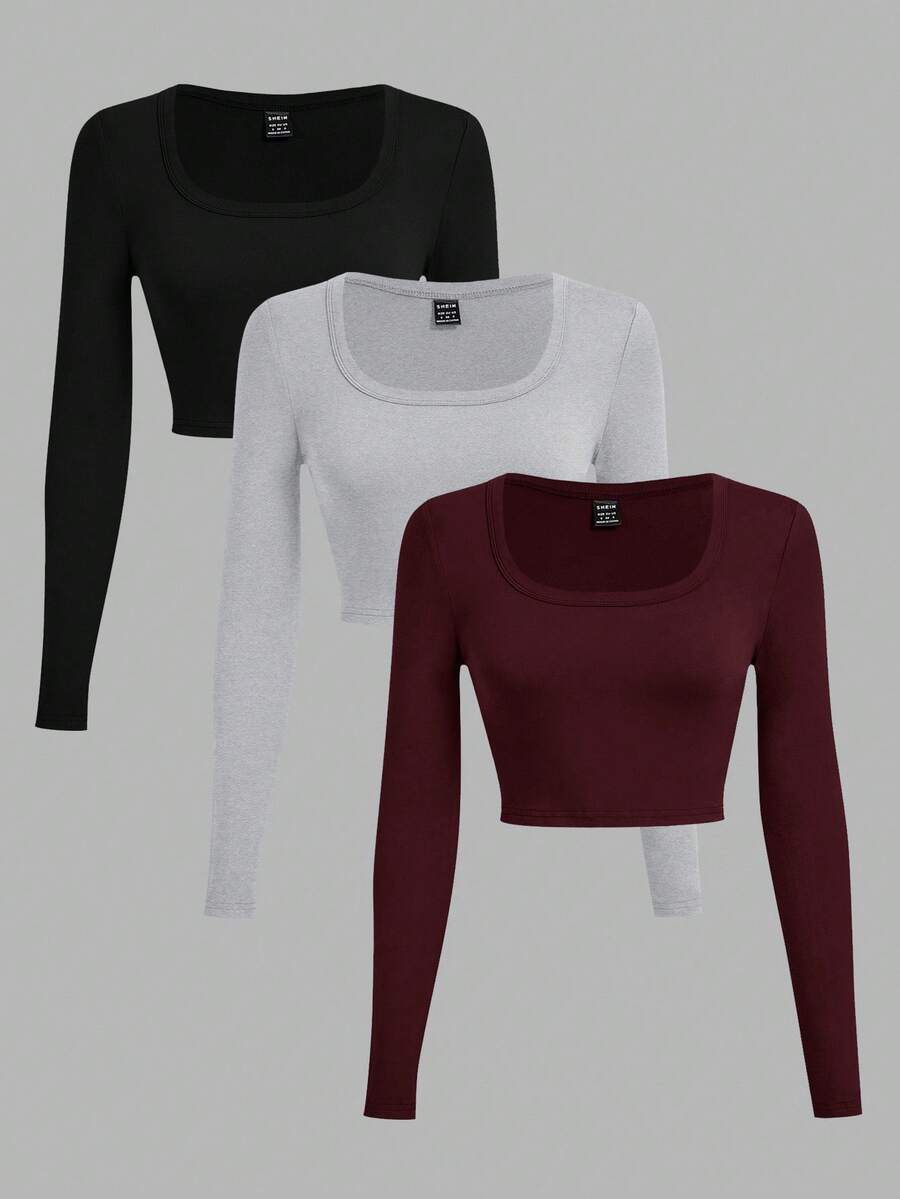 SHEIN EZwear 3件套黑色、灰色、酒红色休闲U领修身短款长袖T恤,适合秋冬季 - 彩色 - 查看 1