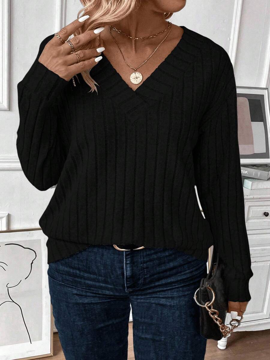 EMERY ROSE Áo nỉ cổ chữ V dệt kim gân 12*4 thời trang tối giản, giản dị, cỡ lớn, mùa thu/đông - màu đen - Xem 1
