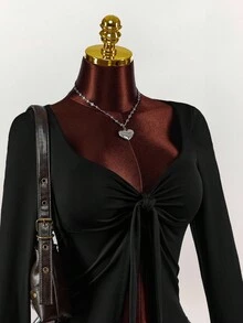 Amplova Top casual cu mânecă lungă pentru femei, culoare solidă, guler cu strasuri - Negru - Vizualizare 5