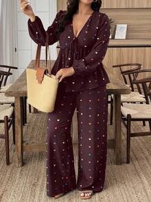 SHEIN LUNE Plus Size Heart Print Shirt And Pants 2 Pieces Set - Multicolor - View 5