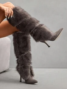 CUCCOO SZL Giày bốt cao đến đầu gối nữ thời trang sang trọng, mũi nhọn, lót lông giả, khóa kéo màu kaki - Màu Khaki - Xem 3
