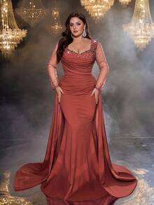 Glamrae Plus Size Elegant Romantic Withered Rose Color Square Neck Long Sleeve Sheer Luxury Rhinestone Bubble Ruffle Decor Mermaid Hem Embellished Formal Evening Gown - Rusty Rose - View 5