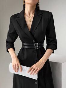 Heiryn 翻领韩式束腰双腰带长袖优雅礼服 - 咖啡棕 - 查看 1