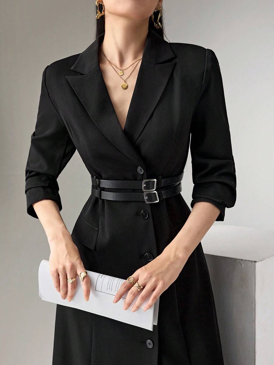 Heiryn 翻领韩式束腰双腰带长袖优雅礼服 - 咖啡棕 - 查看 1