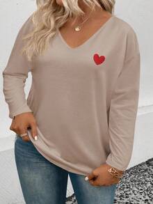 EMERY ROSE Women's Heart Print V-Neck Long Sleeve Plus Size T-Shirt, Popular For Autumn/Winter - Multicolor - View 6