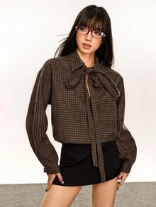 Rina Fox 休闲格子领结女式衬衫 - 棕色 - 查看 3