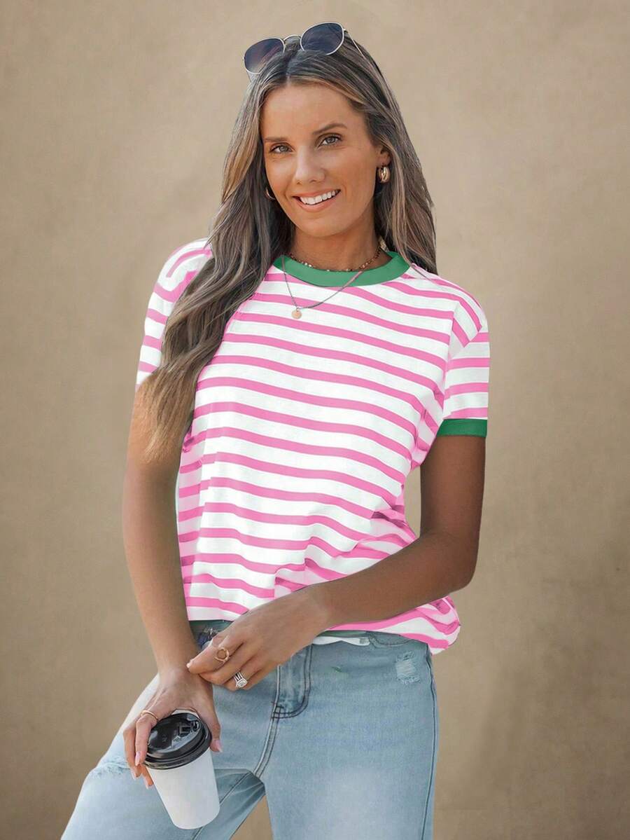 Wildy Camiseta informal y holgada de manga corta con cuello redondo y diseño de rayas minimalista, adecuada para el verano