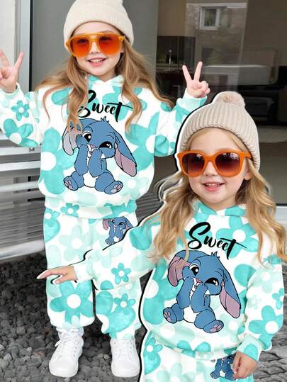 SHEIN 2pcs Kawaii Cartoon Blue Rabbit Lulu, Stitch Pattern, Ombre Floral Print Loose Fit Casual Pullover Hoodie Set, Suitable For Young Girls, Back To School, 2000s Style, Korean Style, Autumn/Winter, Grunge, Striped, Easy Comfort, Stylish Kids, Cute Hoodies, Girls Winter Clothes, Hippie, Music Festival, BM, Retro Sweet Fall