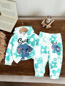 SHEIN 2 件套卡哇伊卡通蓝色兔子露露，针脚图案，渐变花卉印花宽松休闲套头连帽衫套装，适合年轻女孩，返校季，2000 年代风格，韩版，秋冬，垃圾摇滚，条纹，舒适轻松，时尚童装，可爱连帽衫，女童冬装，嬉皮士，音乐节，BM，复古甜美 - 彩色 - 查看 6