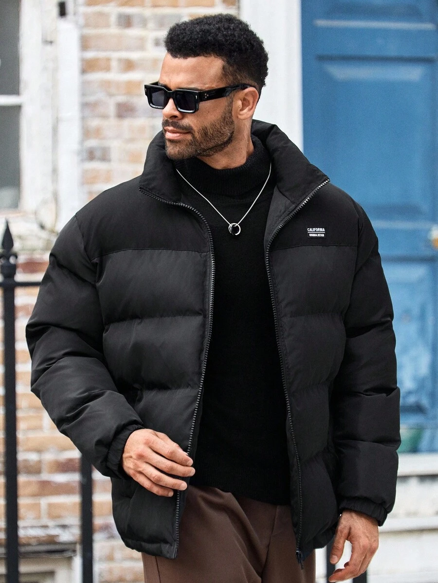 EASEVO Plus Size Men's Black Patchwork Winter Long Sleeve Coat, Fall - Black - View 1