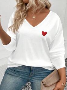 EMERY ROSE Women's Heart Print V-Neck Long Sleeve Plus Size T-Shirt, Popular For Autumn/Winter - White - View 5