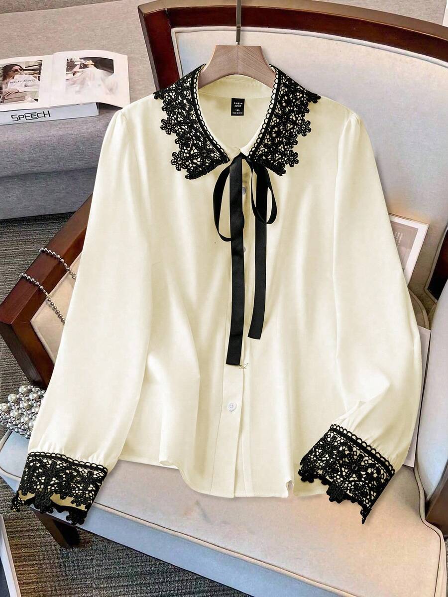 Regalyn Plus Size Solid Color & Contrast Color Lace Delicate Bow-Tie Collar Decoration Elegant Blouse Plus Size Women Shirt