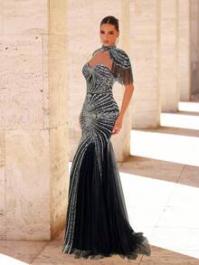 Glamrae 优雅奢华珍珠亮片网眼美人鱼连衣裙，流苏袖设计，适合婚礼、派对、度假、舞会礼服（重饰） - 黑色 - 查看 5