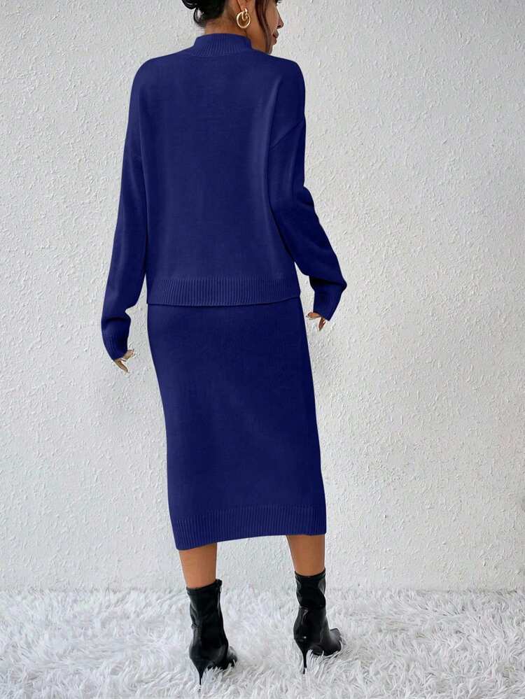 RosyDaze 女式简约休闲纯色针织两件套连衣裙 - 藍色 - 查看 2