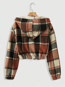 EMERY ROSE 女士休闲格纹保暖内衬短款连帽夹克，秋冬 - 橘色 - 查看 2