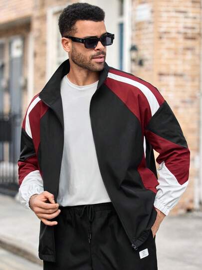 EASEVO Plus Size Men's Fashionable Solid Color Patchwork Jacket, Autumn/Winter