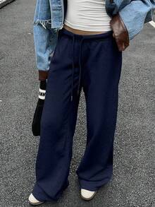 SHEIN EZwear Quần nỉ dài buộc dây phía trước màu xanh navy dành cho nữ, thích hợp mặc hàng ngày và mùa tựu trường, Thu/Đông - Màu xanh hải quân - Xem 5