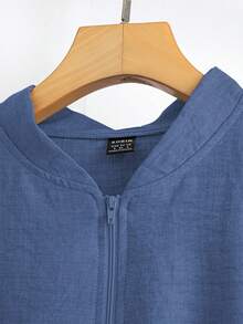 SHEIN LUNE 休闲纯色拉链夹克和阔腿裤套装 - 藍色 - 查看 3