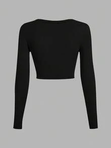 SHEIN EZwear 3件套黑色、灰色、酒红色休闲U领修身短款长袖T恤，适合秋冬季 - 彩色 - 查看 9