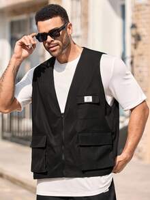 EASEVO Plus Size Men's Casual Everyday Zip-Up Flap Pocket Vest, For Fall Winter - Black - View 1