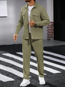 Manfinity CasualCool 男士灯芯绒工装长袖衬衫和裤子两件套，秋季服装 - 軍綠色 - 查看 7