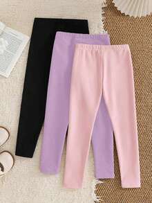 Young Girl Knitted Solid Color Fitted Casual Winter Leggings 3pcs Pieces Set, Girls Back To School Outfits, Young Girl Outfit Sets, Young Girl - Pink - View 2