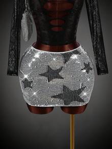 SHEIN ICON Star Pattern Sequin Skirt - Silver - View 1