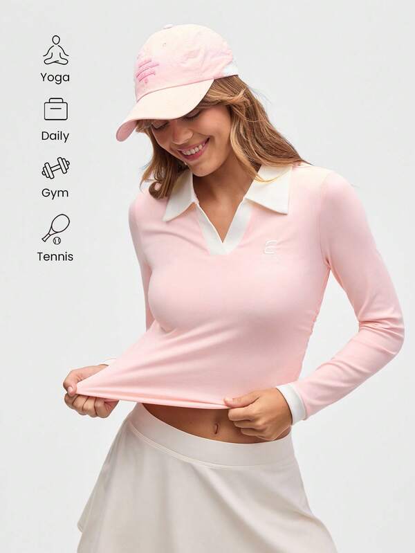Eassivo Eassivo Women's Contrast Color Polo Collar Long Sleeve Cropped Sports T-Shirt