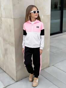 2pcs Young Girl Casual All-Match Athletic Hooded Jacket + Sports Sweatpants Set, Grey+Pink+Black Colorblock, Warm Lining, Zipper Front Pockets - Multicolor - View 1