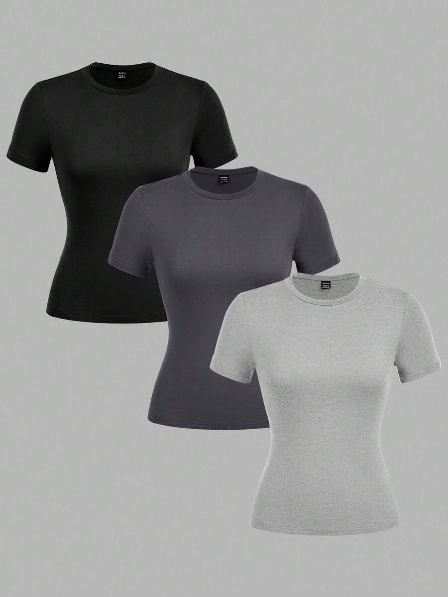 SHEIN EZwear Bộ 3 áo thun bodycon cổ tròn tay dài thường ngày cho nữ - Nhiều màu - Xem 1