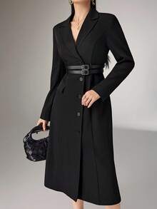 Heiryn 翻领韩式束腰双腰带长袖优雅礼服 - 咖啡棕 - 查看 3