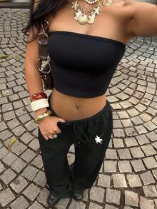 SHEIN EZwear Pantalones deportivos informales con estampado de logo de caballo pequeño, cintura con cordón, estilo universitario, apropiados para la temporada escolar y uso diario