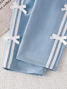 SHEIN Explorewe 2 件年轻女孩秋冬针织圆领 T 恤和蝴蝶结亮片装饰腰带蝴蝶结针织裤套装，运动时尚套装，适合女孩蝴蝶结秋季服装 - 粉色 - 查看 4