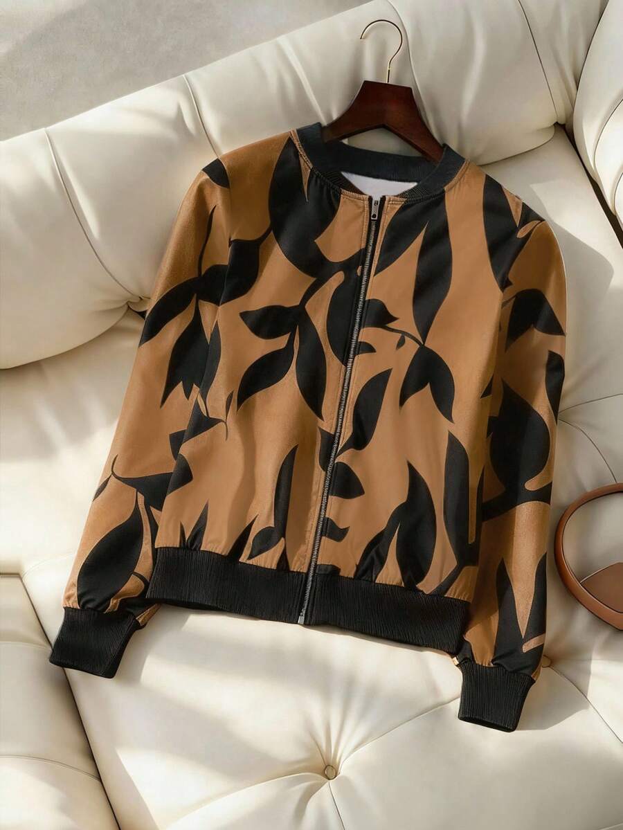 EMERY ROSE 女士撞色全印花圆领拉链休闲百搭全印花夹克 - 棕色 - 查看 1